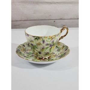 Regency Bone China Teacup & Saucer Set Thistle Chintz Scalloped Edges Gold Trim